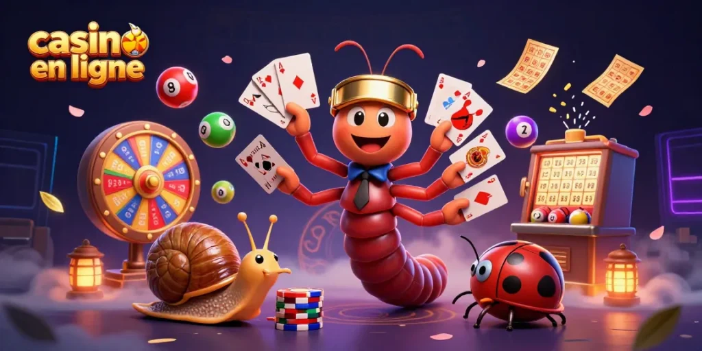 Les éléments du casino en ligne s'illuminent avec des personnages captivants et des billets d'or flottants.