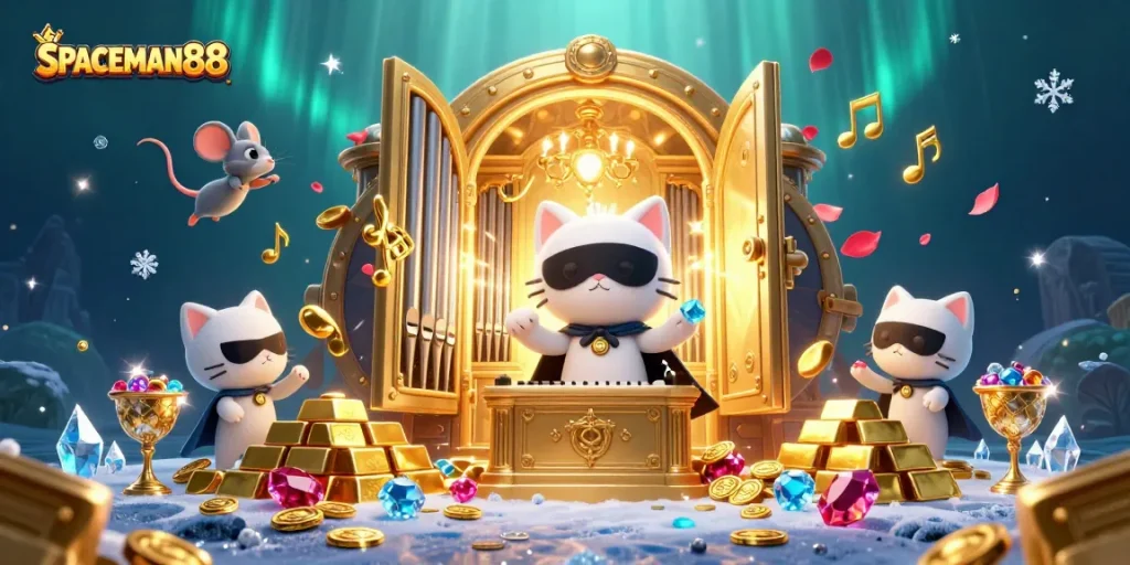 Engage with SPACEMAN88 in this vibrant casino scene filled with treasures, organ music, and whimsical characters.