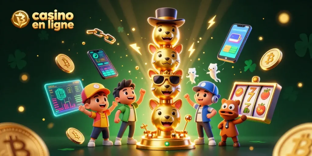 Jeux captivants au casino en ligne avec une illustration dynamique de machines à sous et des pièces de crypto-monnaie.