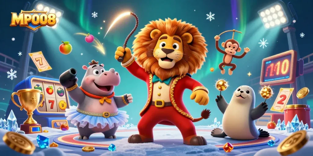 MPO08 offers an engaging gaming experience with vibrant 3D characters and casino elements showcasing exciting slot games and jackpots.