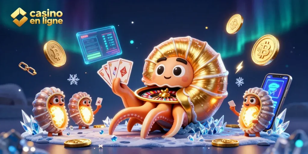 Casino en ligne : illustration 3D de nautilus jouant avec des cartes et des cryptomonnaies.