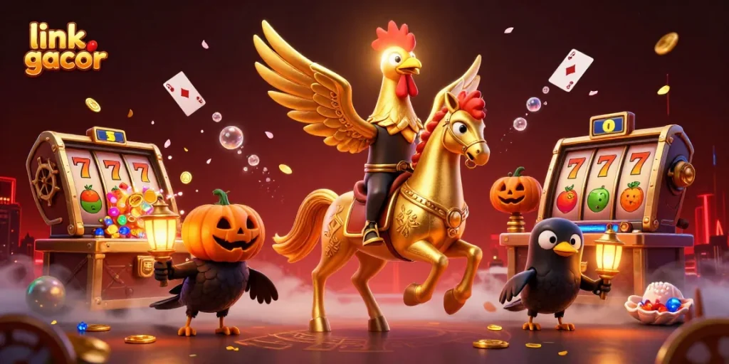 Join the fun at link gacor with a vibrant casino scene featuring a golden rooster and surreal elements.