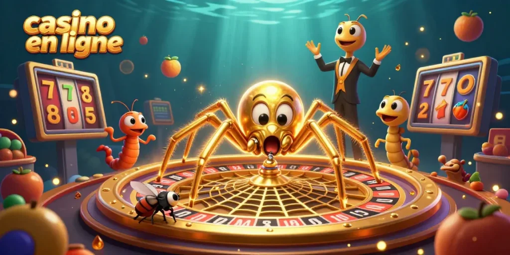Pariez au casino en ligne avec une araignée dorée et une roulette dynamique.