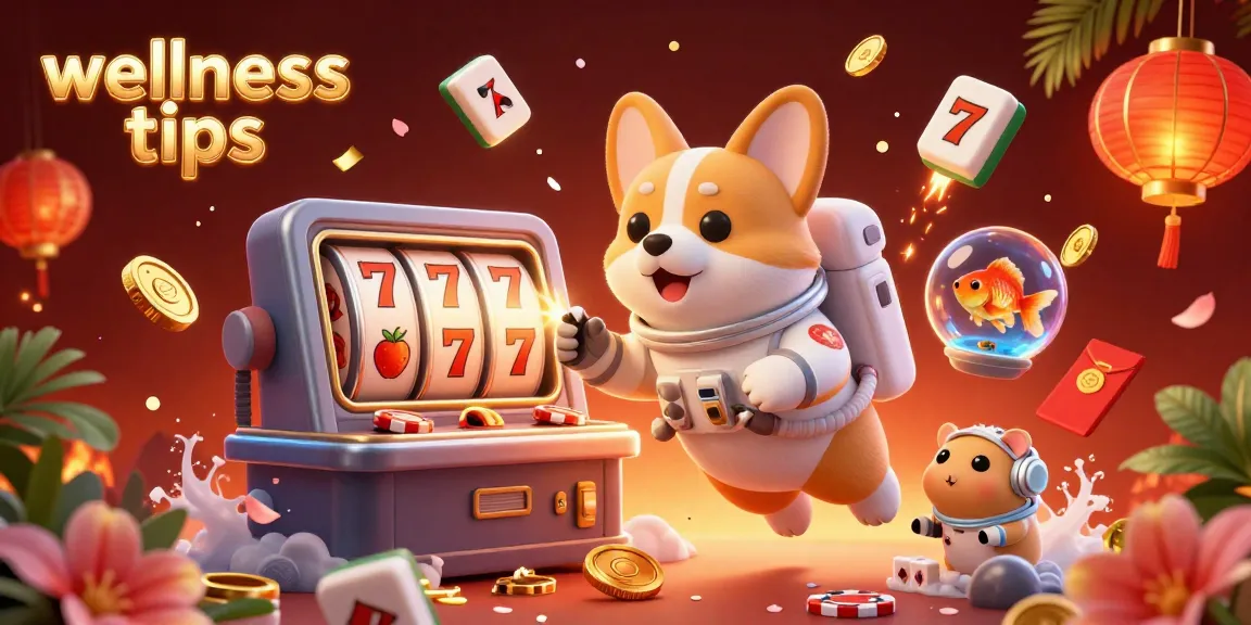 Experience wellness tips in a vibrant casino scene with a floating corgi and dynamic gambling elements.
