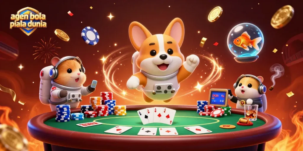 Experience the excitement with agen bola piala dunia in this dynamic casino illustration featuring playful characters and gaming elements.
