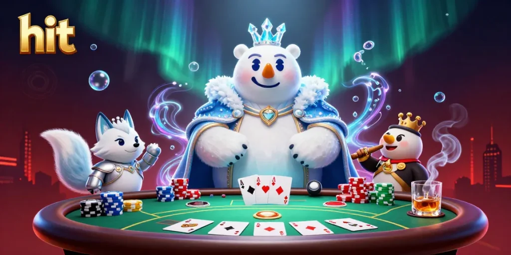 Experience hit excitement with a poker showdown featuring an ice king and fox amidst vibrant casino elements.