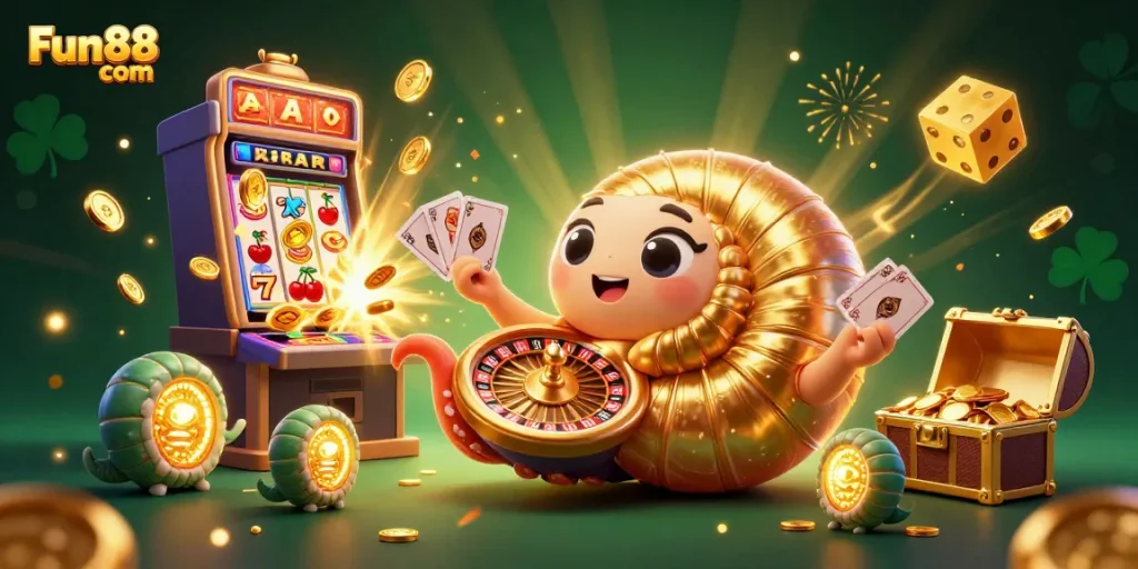 Engage with Fun88 com at this vibrant 3D illustration depicting casino excitement with dynamic characters and games.