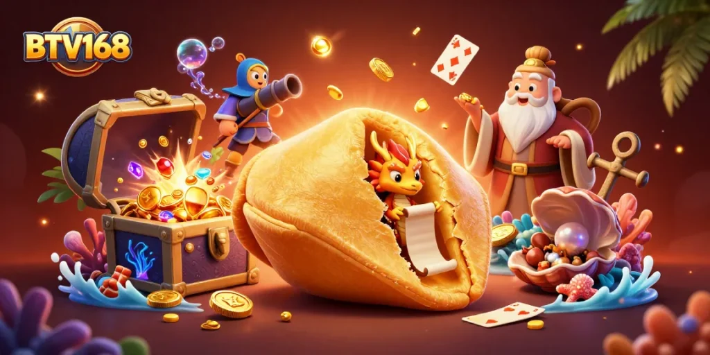 Experience fortune and luck with BTV168 in this vibrant casino-themed illustration.