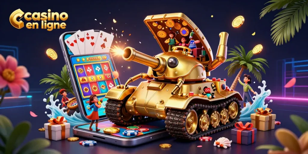 Casino en ligne animé par des jeux captivants et un tank doré ludique.