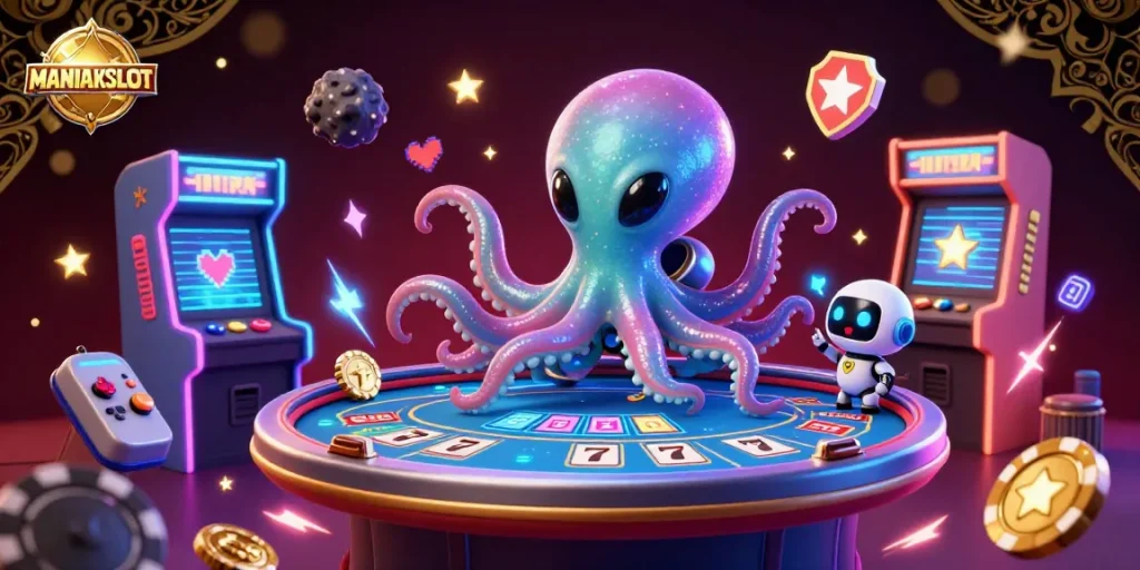Experience thrilling gameplay with MANIAKSLOT, featuring an alien octopus wizard at a holographic poker table.