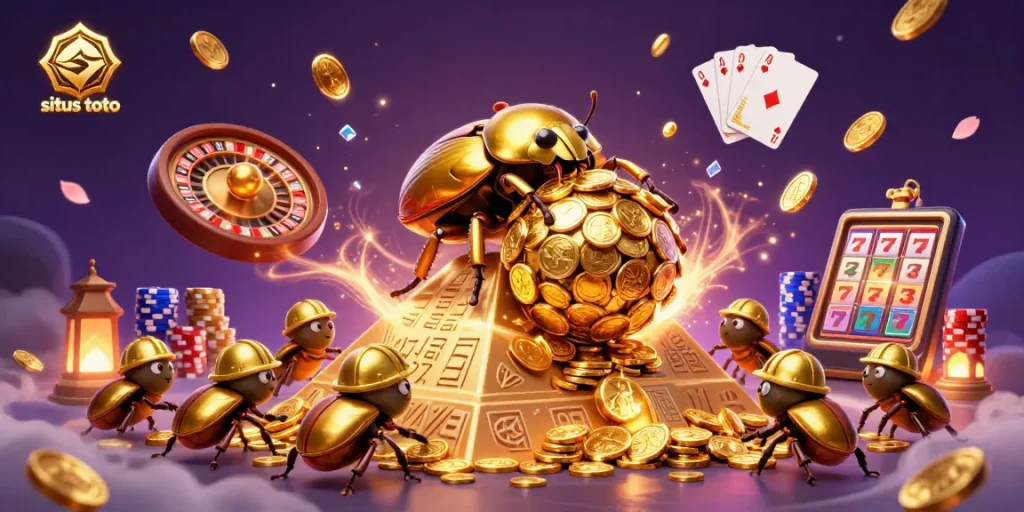 Situs toto menghadirkan pengalaman judi yang menarik dengan simbol kasino dan koin emas yang melimpah.