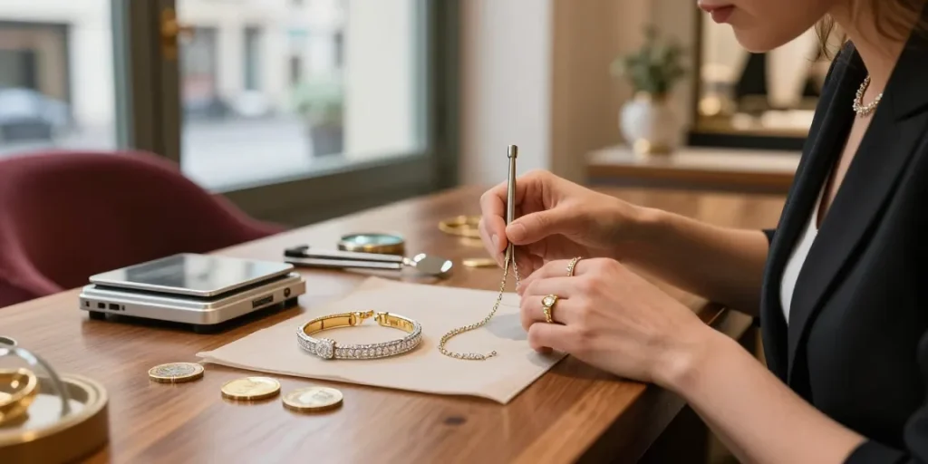 Estimation de bijoux en or et argent à Bruxelles dans un cadre élégant.