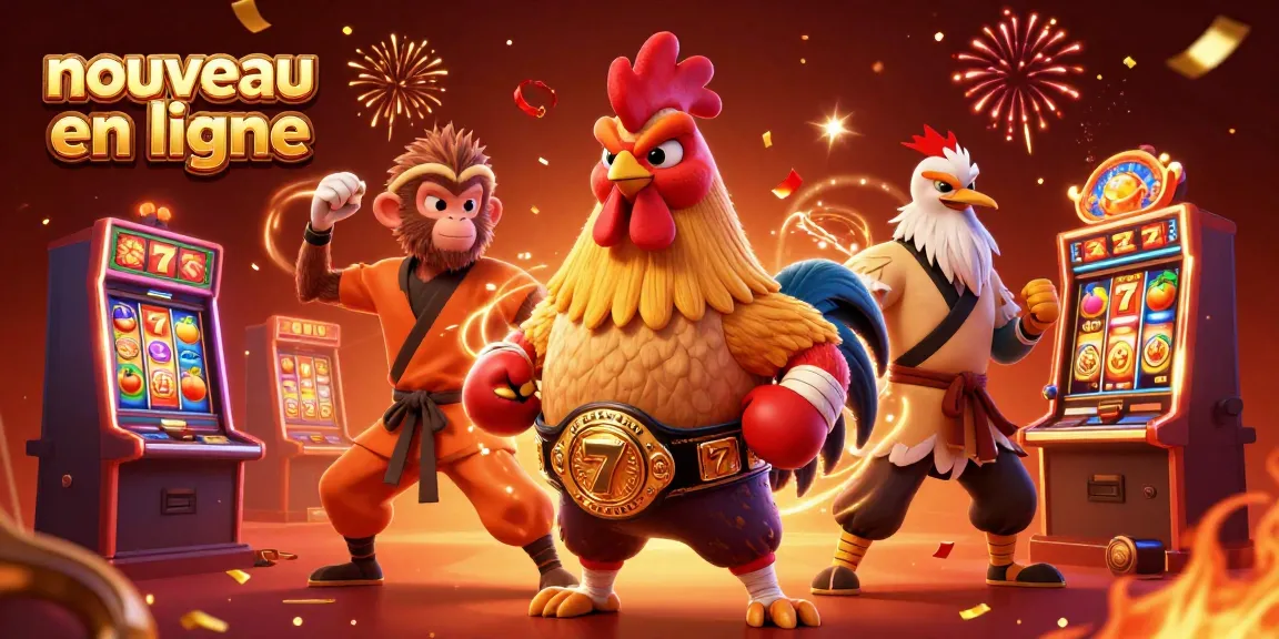 Illustration dynamique sur un nouveau casino en ligne avec un coq et un singe combattant, entourés de machines à sous.