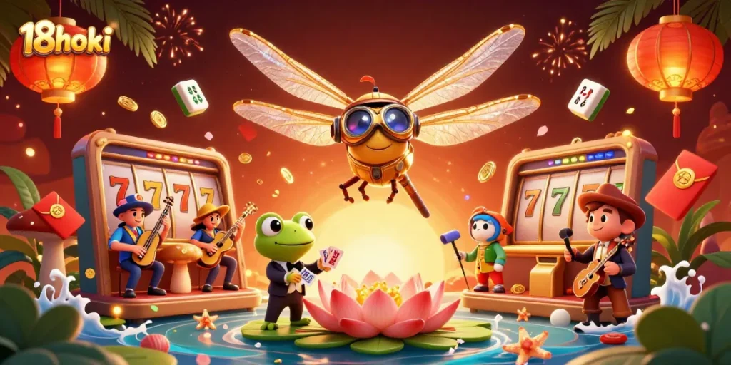 Engage in thrilling games at 18hoki with vibrant characters and casino elements, showcasing luck and fun.