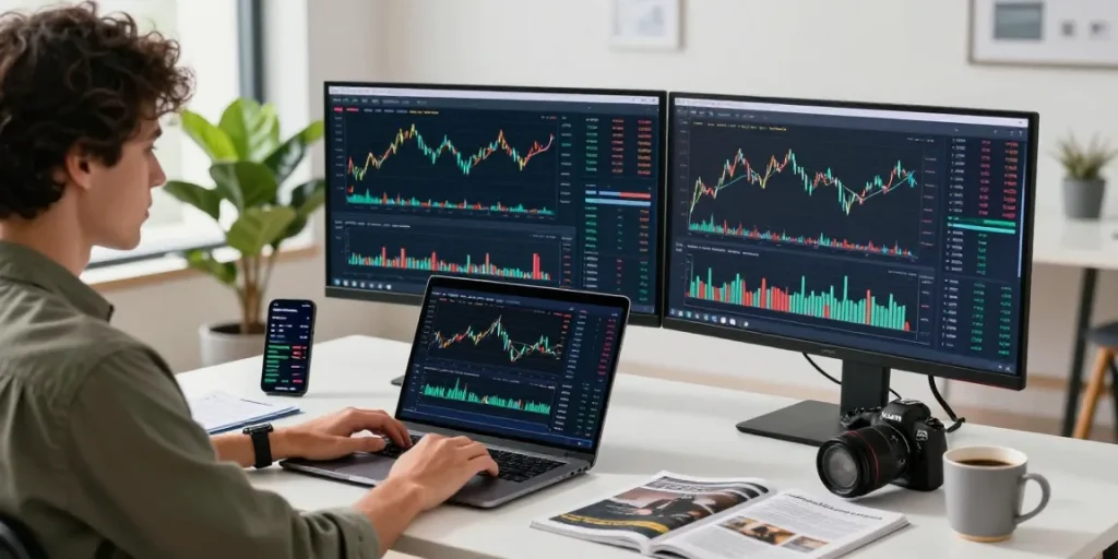 NAGA2000 trading strategies showcased in a modern home office with real-time data analysis.
