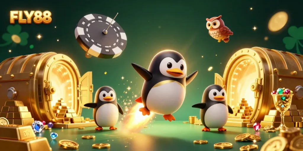 Experience thrilling gameplay at FLY88 with an exciting penguin and golden casino treasures.