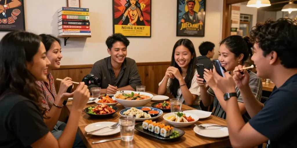 Gathering at https://hanadultalk.com featuring friends enjoying Asian cuisine, showcasing cultural connections.