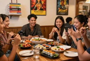 Gathering at https://hanadultalk.com featuring friends enjoying Asian cuisine, showcasing cultural connections.