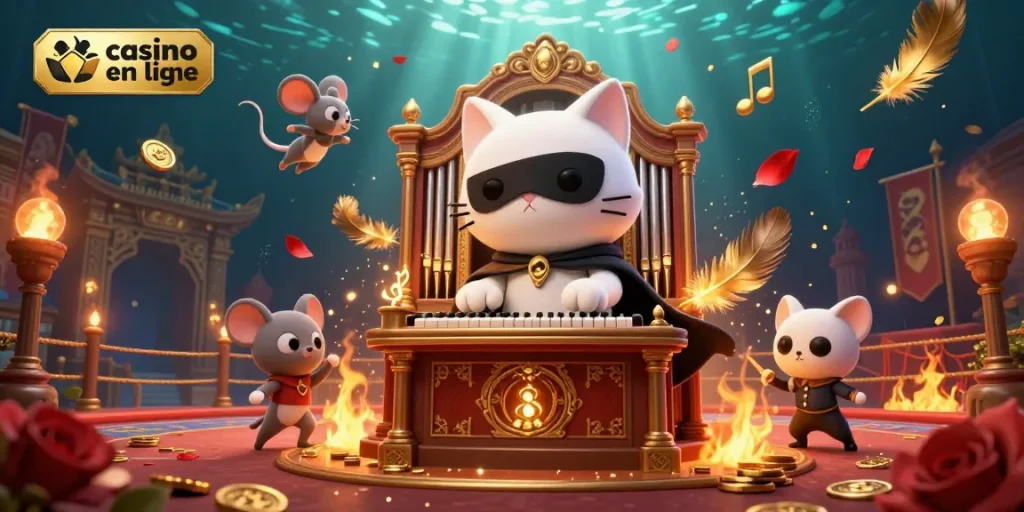 Illustration d'un casino en ligne dynamique, avec un chat masqué et une souris acrobate entourés de jetons et de musique.