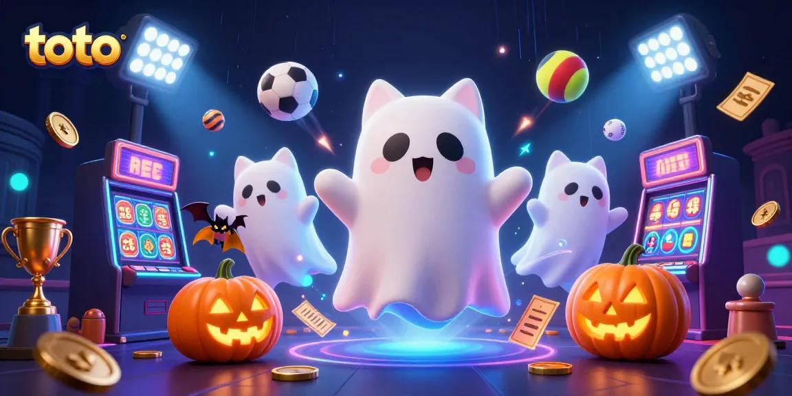 Menangkan permainan toto dengan karakter lucu di kasino berhantu, dikelilingi bola olahraga.
