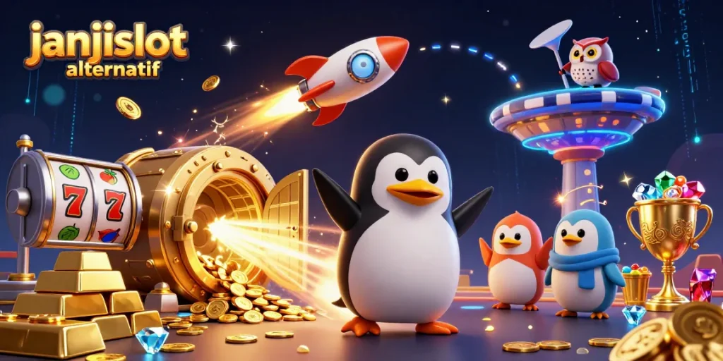 Experience janjislot alternatif with a thrilling illustration of a rocket-powered penguin heading toward a vibrant casino.