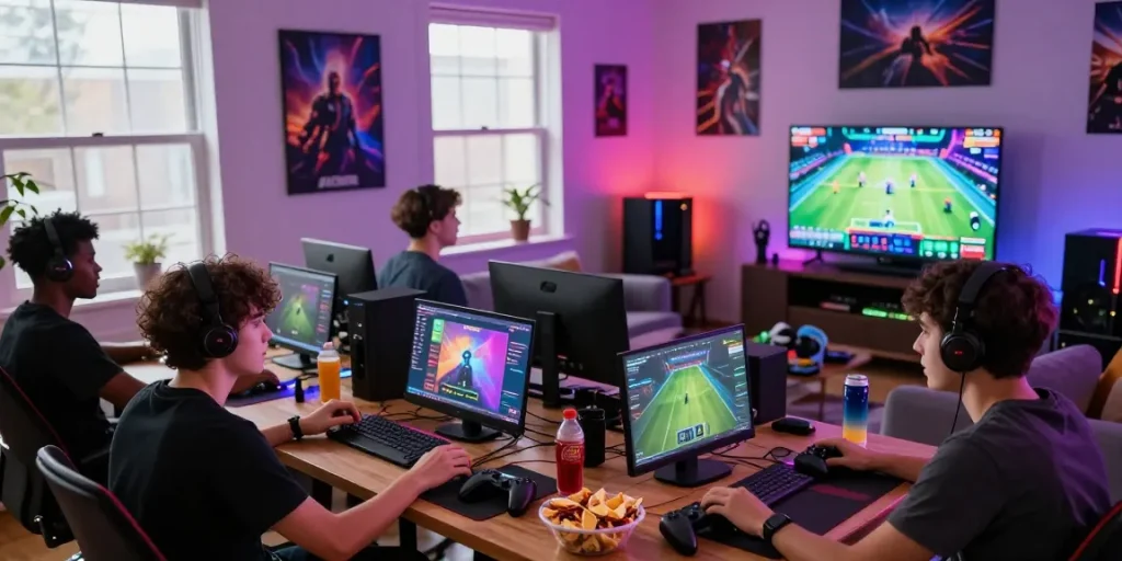 Engaging gaming session showcasing CIKA4D platform with friends in a vibrant living room setting.